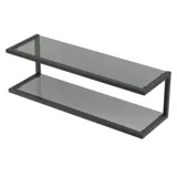 Stor urban badrumsinspiration med möbler i naturlig ek, stenbänkskiva med fyrkantig vask, runt spegel med svart kant, naturfärger och terrakottagolv ger en industriell och modern känsla