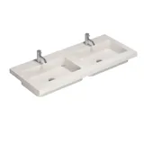 Elegant och modern badrumsinspiration med mörka marmorerade väggar, runda belysta speglar med svart ram, väggmonterat tvättställsskåp med dubbelhandfat och en rymlig duschnisch